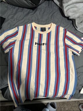 HUF Cream Tee with Blue and Red Vertical Stripes